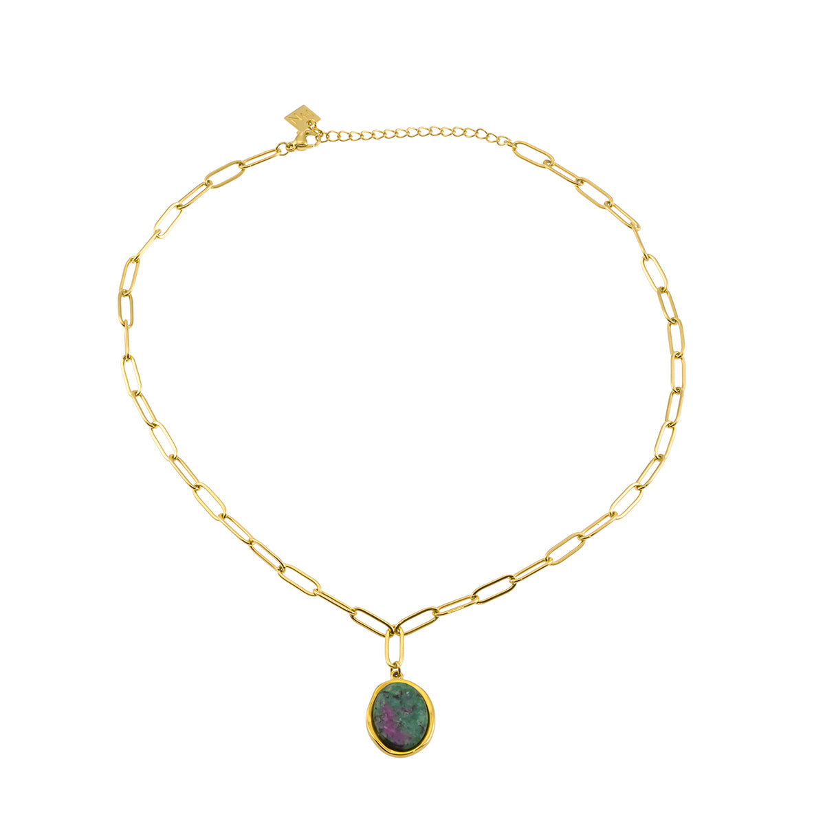 ASAMI Gold: Contemporary Paperclip Chain anchoring a Ruby Zoisite Oval Pendant