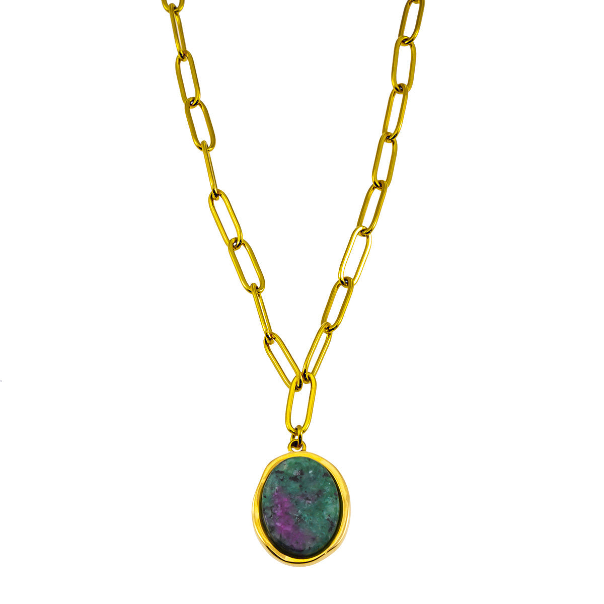 ASAMI Gold: Contemporary Paperclip Chain anchoring a Ruby Zoisite Oval Pendant