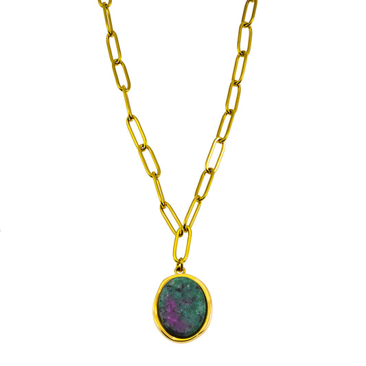 ASAMI Gold: Contemporary Paperclip Chain anchoring a Ruby Zoisite Oval Pendant
