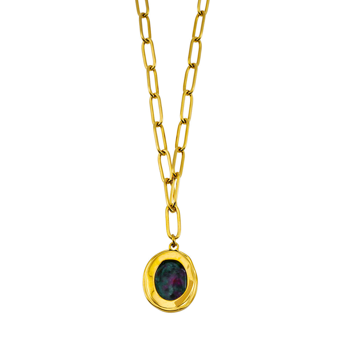 ASAMI Gold: Contemporary Paperclip Chain anchoring a Ruby Zoisite Oval Pendant
