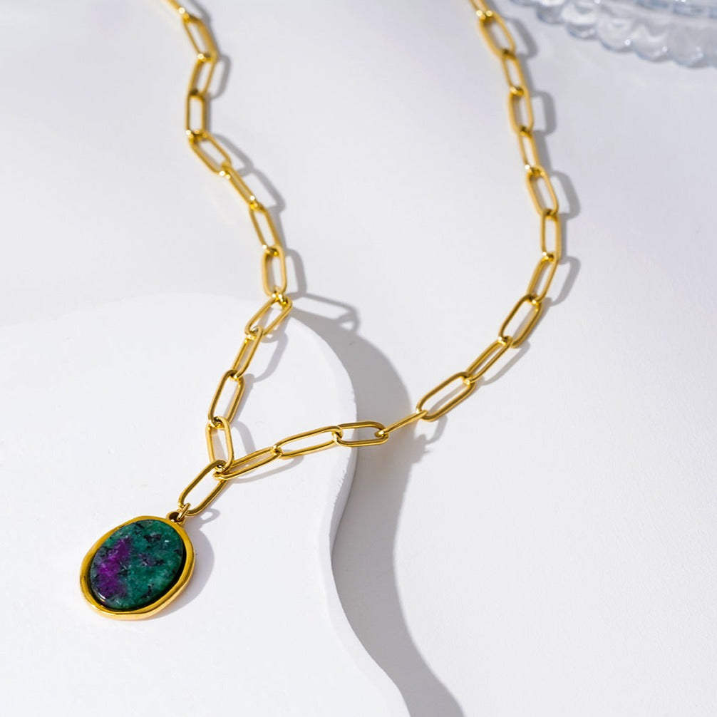 ASAMI Gold: Contemporary Paperclip Chain anchoring a Ruby Zoisite Oval Pendant