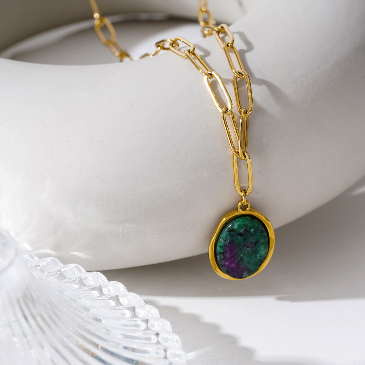 ASAMI Gold: Contemporary Paperclip Chain anchoring a Ruby Zoisite Oval Pendant