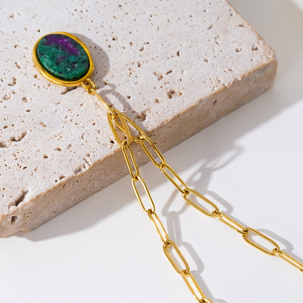 ASAMI Gold: Contemporary Paperclip Chain anchoring a Ruby Zoisite Oval Pendant
