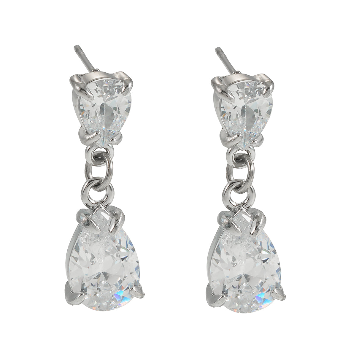 AYER: Radiance Duo Zirconia (CZ) Drop Stud Earrings in Silver Toned White Gold