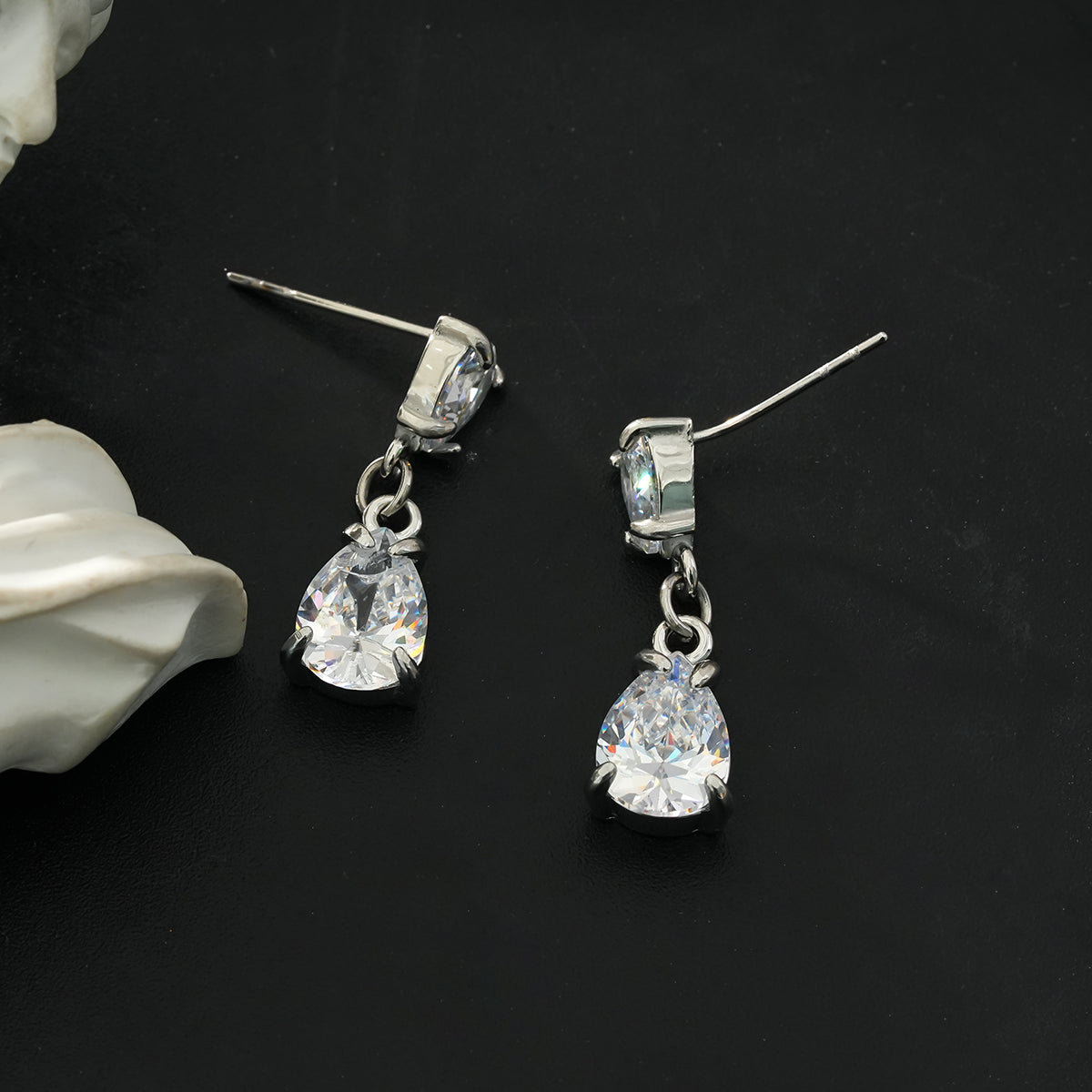 AYER: Radiance Duo Zirconia (CZ) Drop Stud Earrings in Silver Toned White Gold