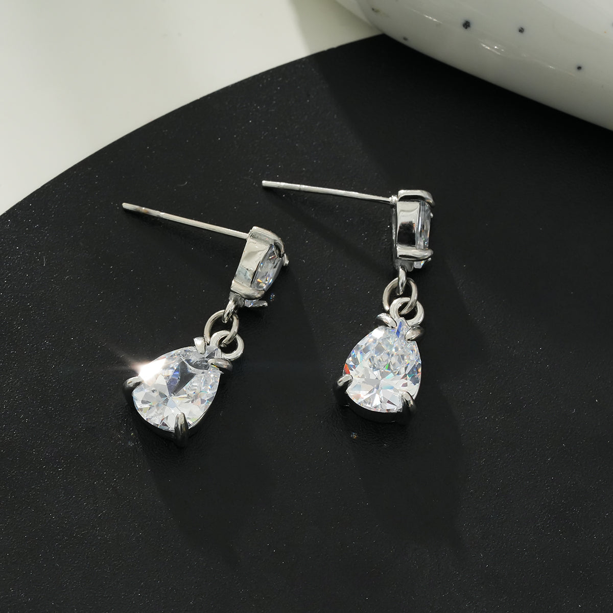 AYER: Radiance Duo Zirconia (CZ) Drop Stud Earrings in Silver Toned White Gold