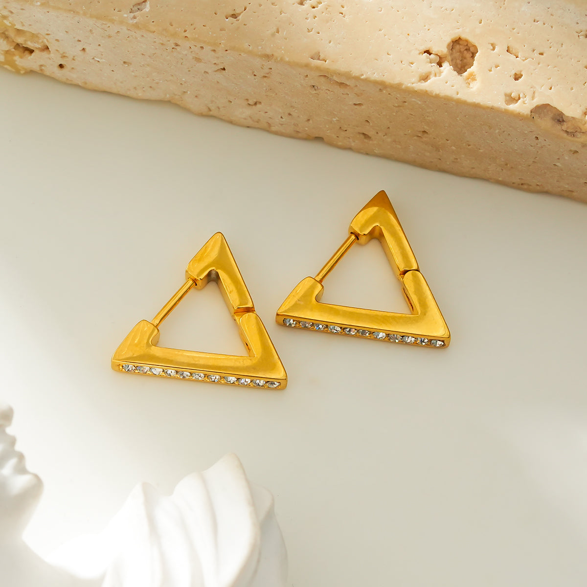 BACALAR Gold: Triangle Shape Hoop Earrings Embedded with Zirconia (CZ) Gemstones