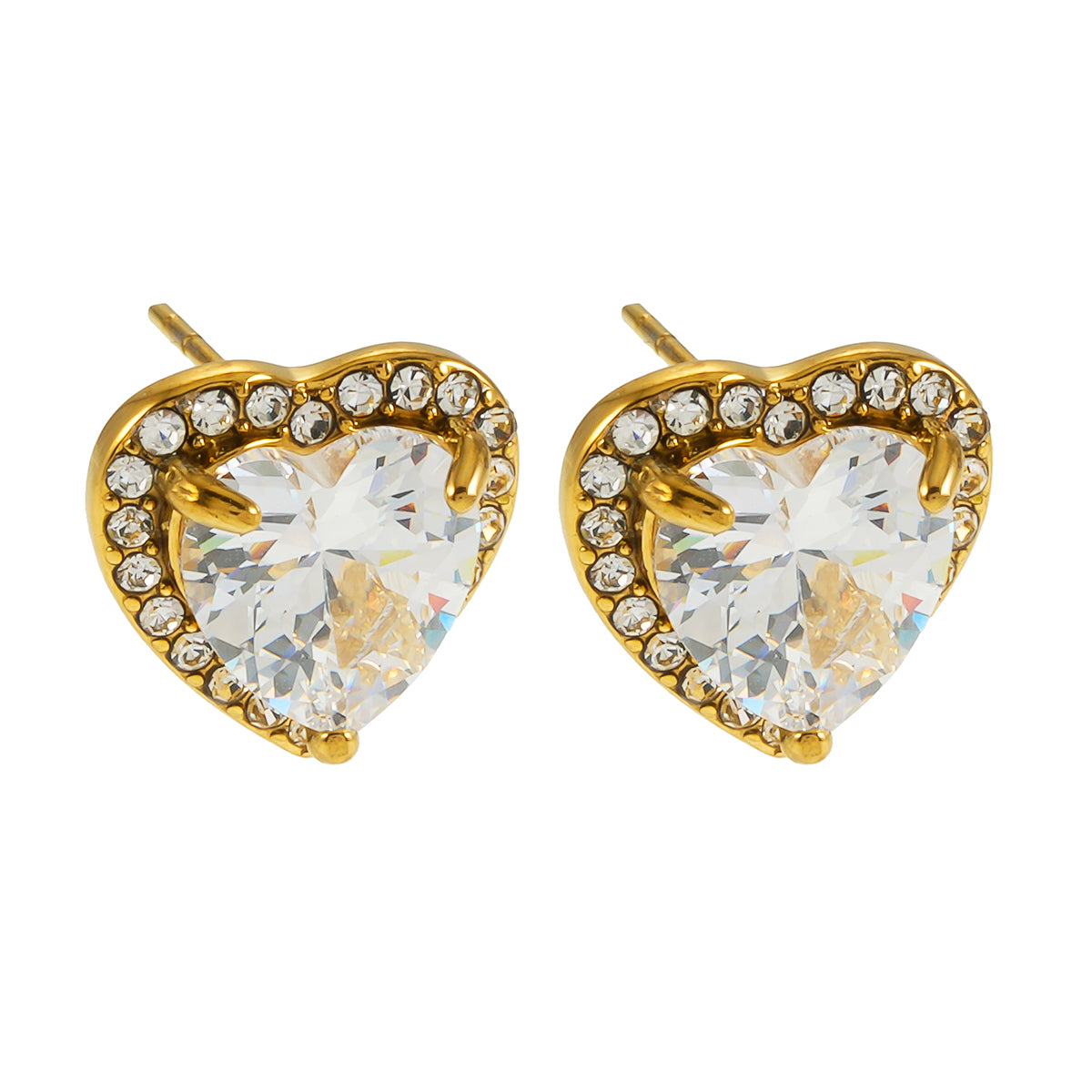 BANRAK Gold: Shimmering Heart Shaped Zirconia (CZ) Embedded Stud Earrings