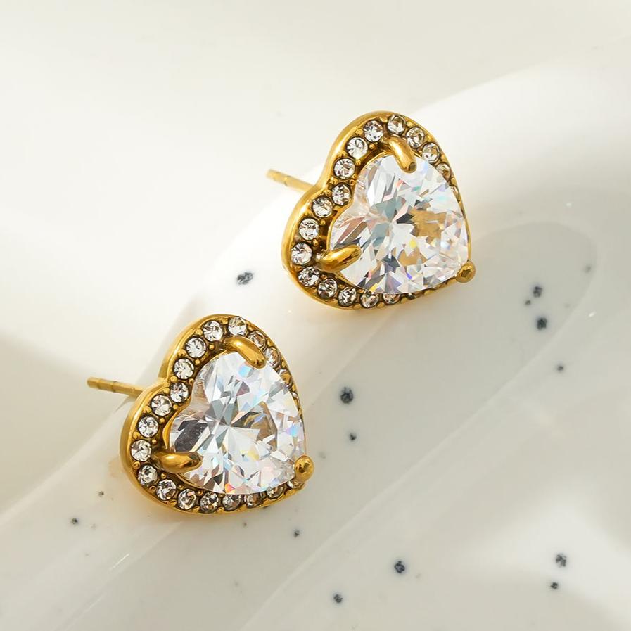 BANRAK Gold: Shimmering Heart Shaped Zirconia (CZ) Embedded Stud Earrings