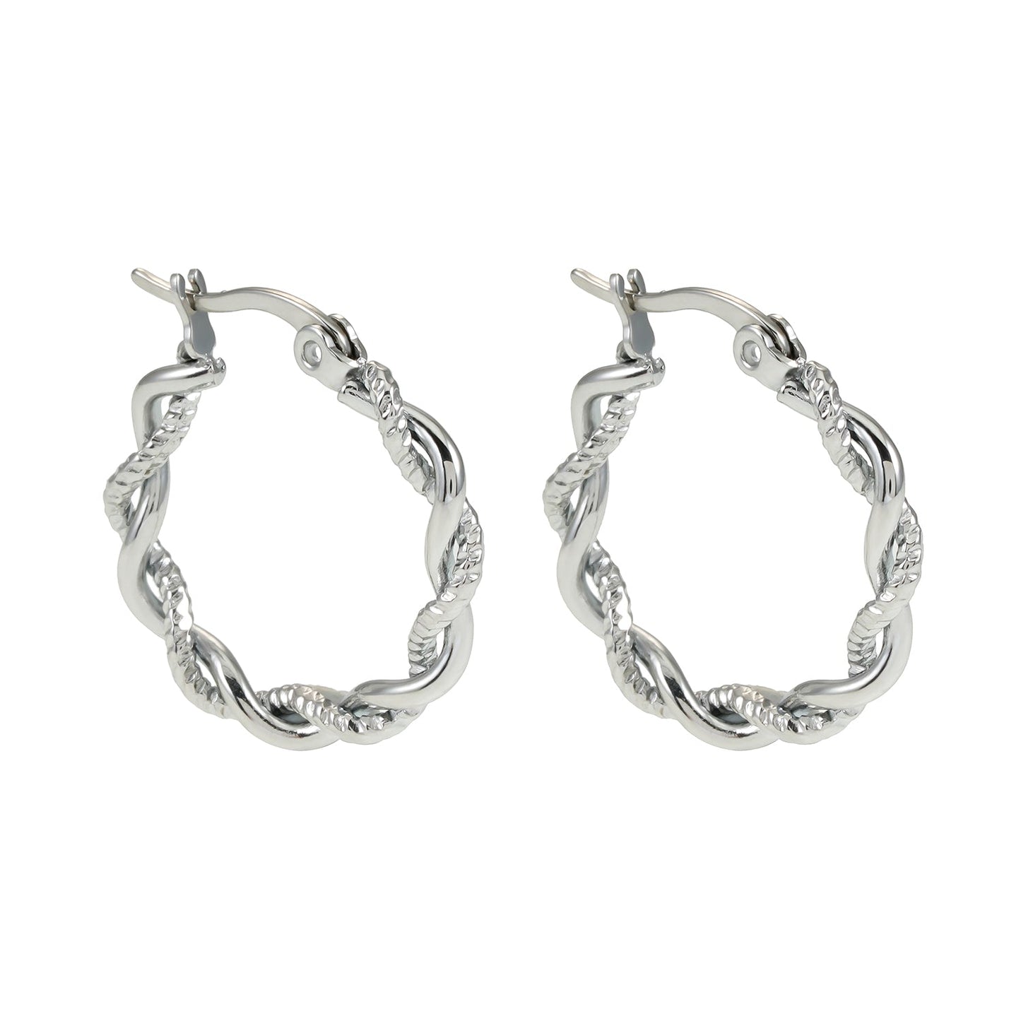 BARBARA White Gold (Silver Toned): Contrast Textured Twisted Rope Hoop Earrings