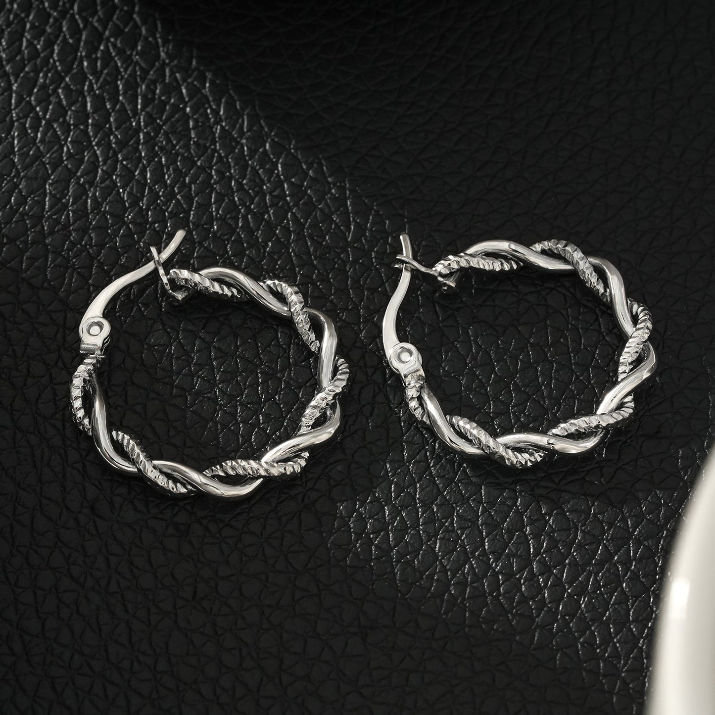 BARBARA White Gold (Silver Toned): Contrast Textured Twisted Rope Hoop Earrings