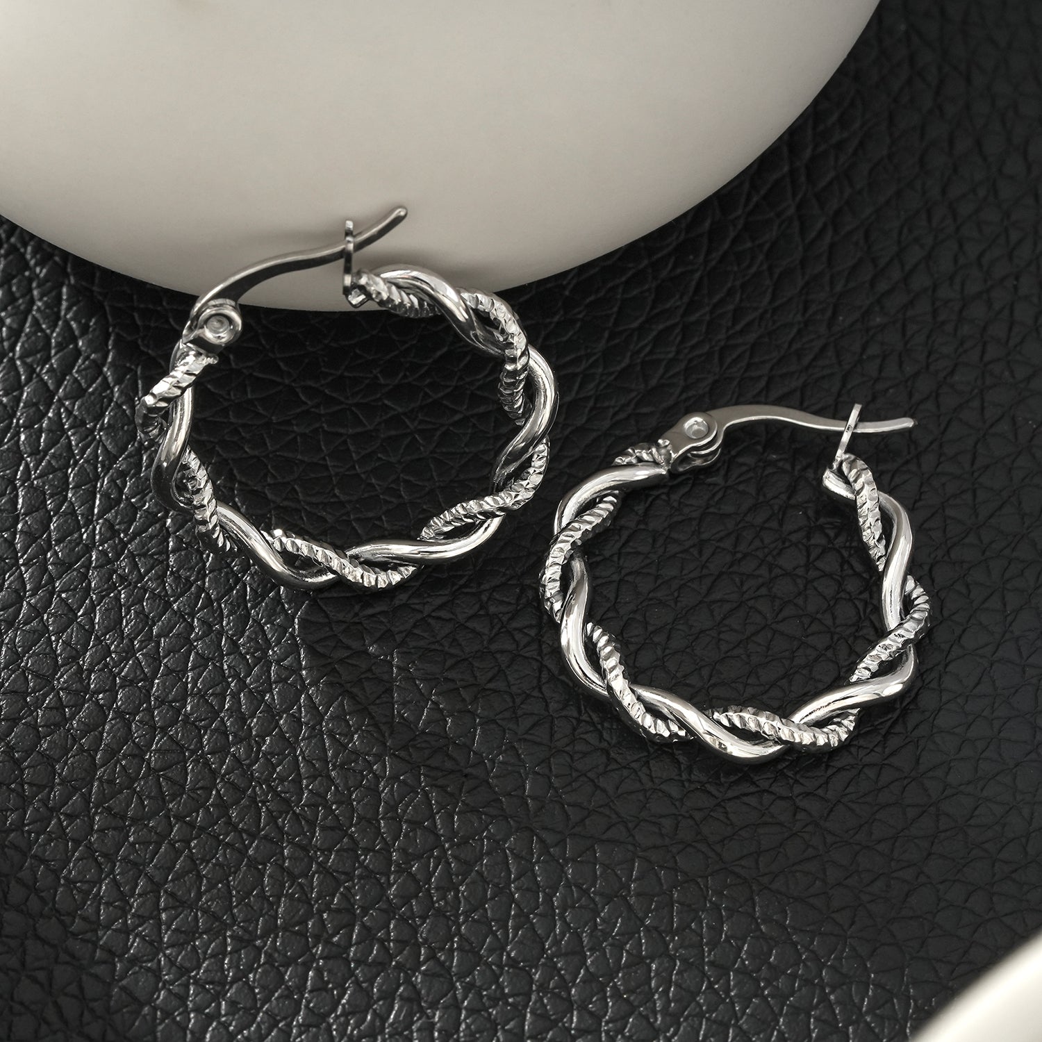 BARBARA White Gold (Silver Toned): Contrast Textured Twisted Rope Hoop Earrings