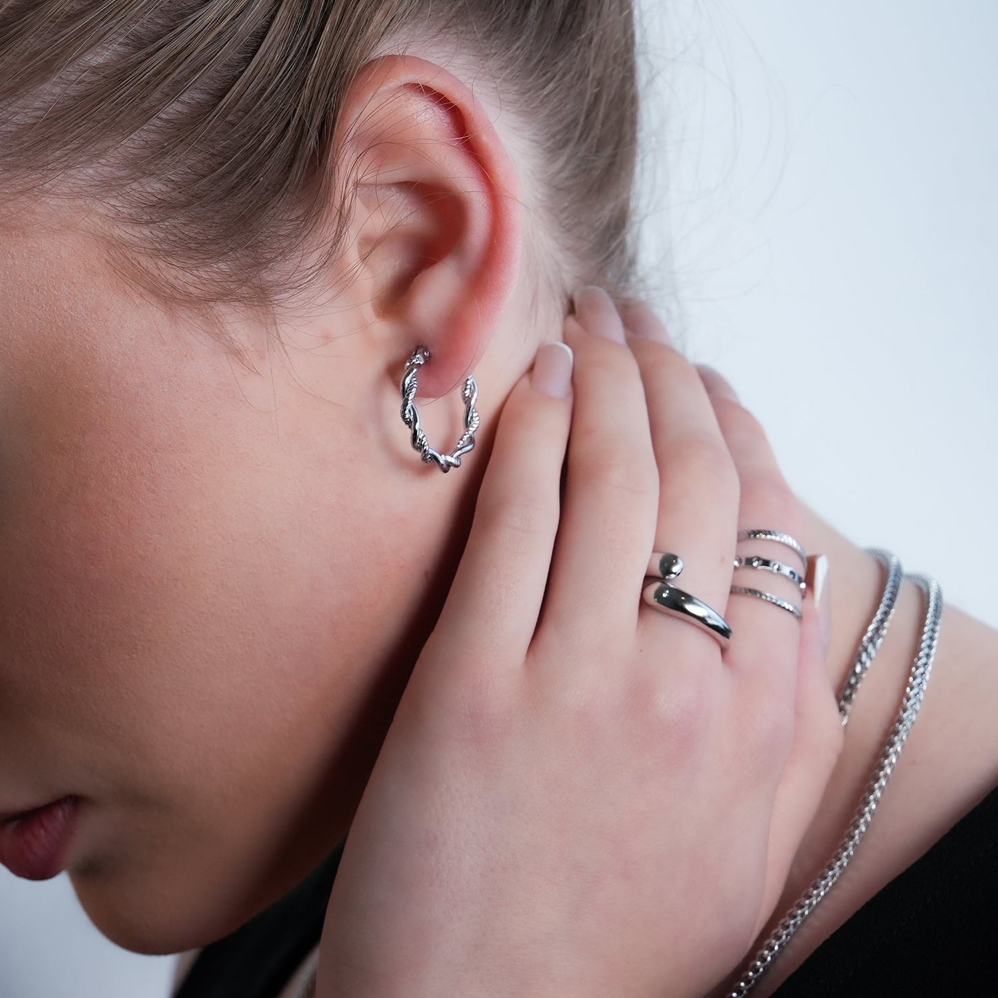 BARBARA Silver (White Gold): Contrast Textured Twisted Rope Hoop Earrings