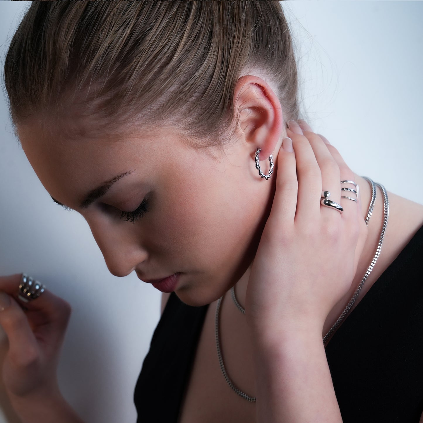 BARBARA White Gold (Silver Toned): Contrast Textured Twisted Rope Hoop Earrings