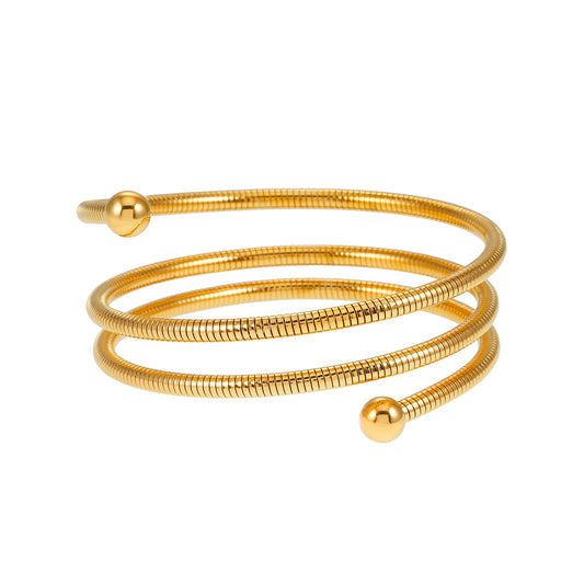 BASHEE: Triple Stacked Gold Bracelet with Surface Lines & Ball Bead Accents.