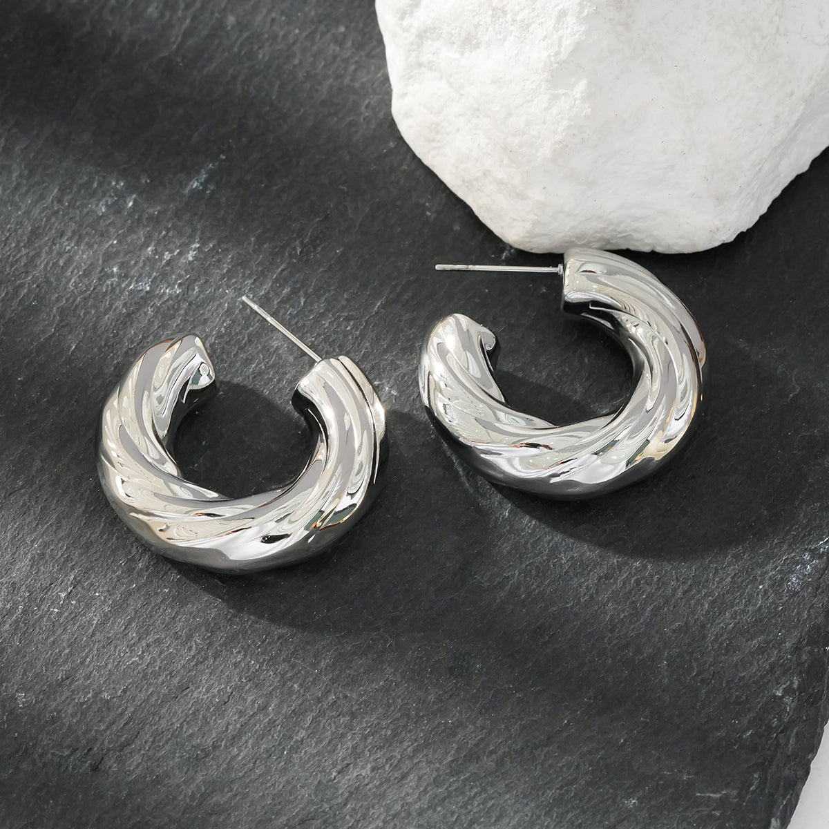 BEAUFORT Silver Toned (White Gold): Abstract-Chic Hoop Earrings – Modern Elegance Redefined