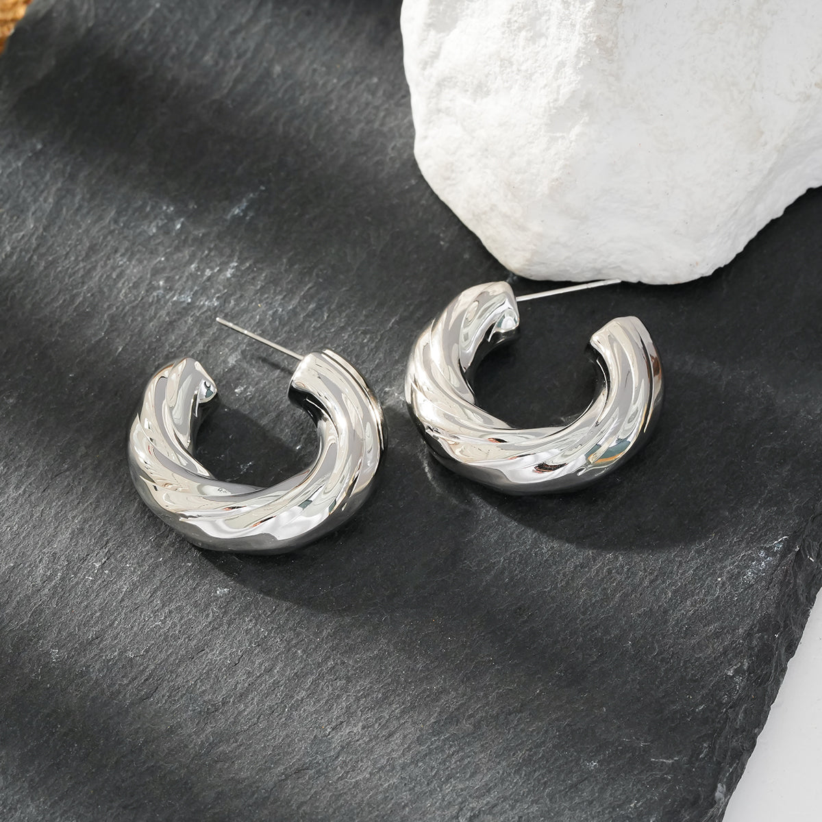 BEAUFORT Silver Toned (White Gold): Abstract-Chic Hoop Earrings – Modern Elegance Redefined