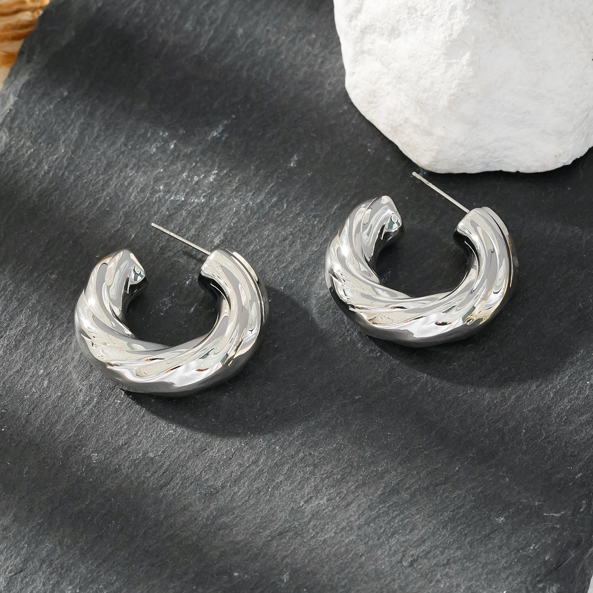 BEAUFORT Silver Toned (White Gold): Abstract-Chic Hoop Earrings – Modern Elegance Redefined