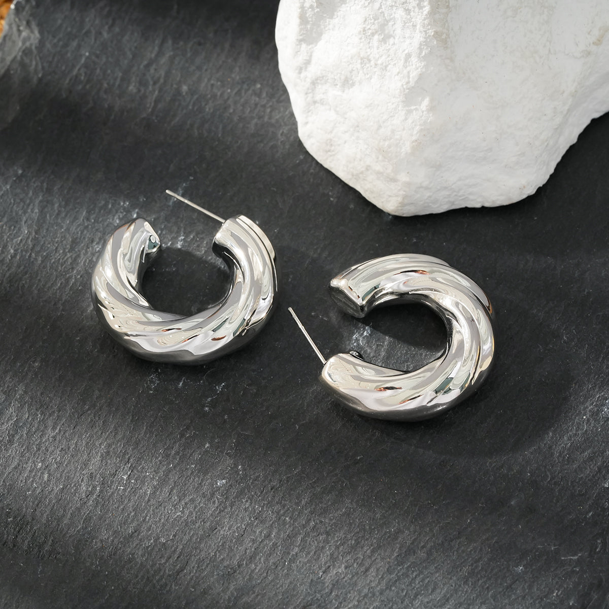 BEAUFORT Silver Toned (White Gold): Abstract-Chic Hoop Earrings – Modern Elegance Redefined