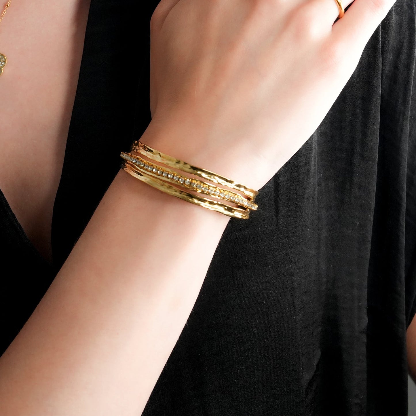 BELLINA Gold: Triple Stacked Textured Bracelet Zirconia (CZ) Embedded Tennis Bracelet at Centre. Stacked for Glamour.
