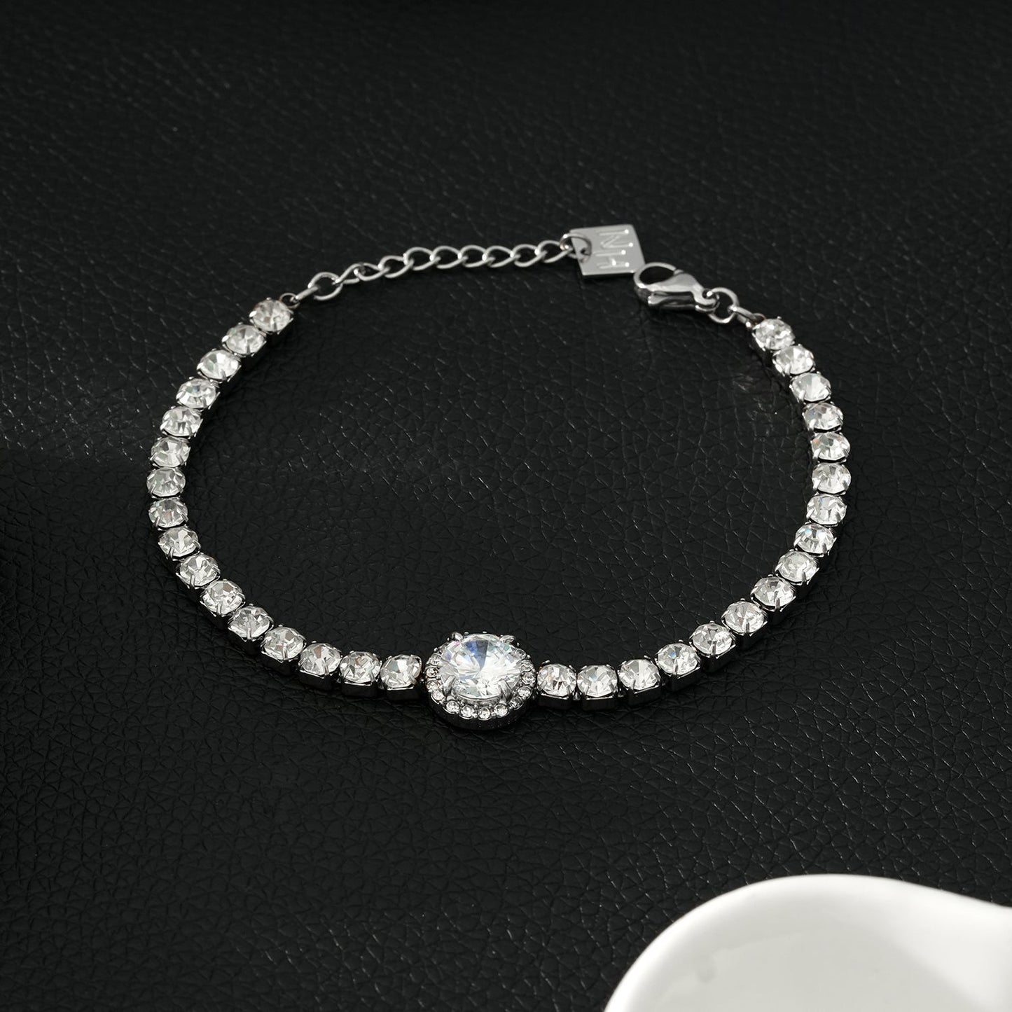 BEREA White Gold Silver Toned: Tennis Bracelet with Large Zirconia (CZ) Centrepiece  – Timeless Elegance for Every Occasion