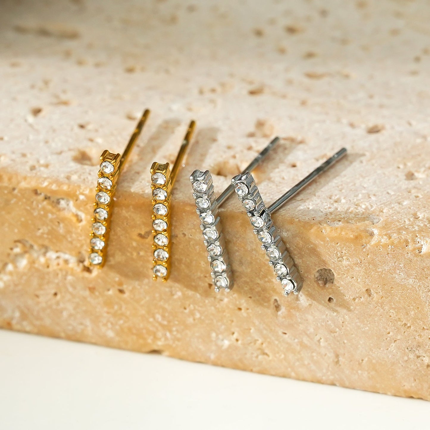 BIHAR: Minimalist Pavé Zirconia Embedded Bar Stud Earrings in White Gold (Silver Toned) & Gold