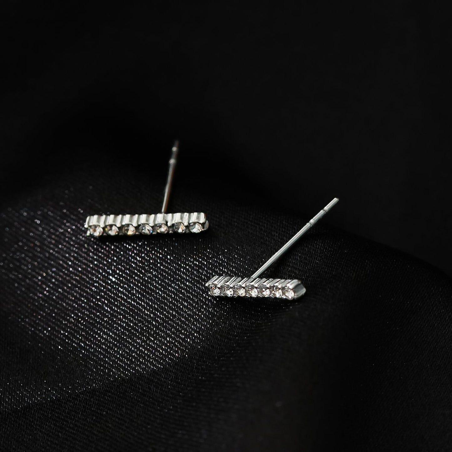 BIHAR: Minimalist Pavé Zirconia Embedded Bar Stud Earrings in White Gold (Silver Toned)