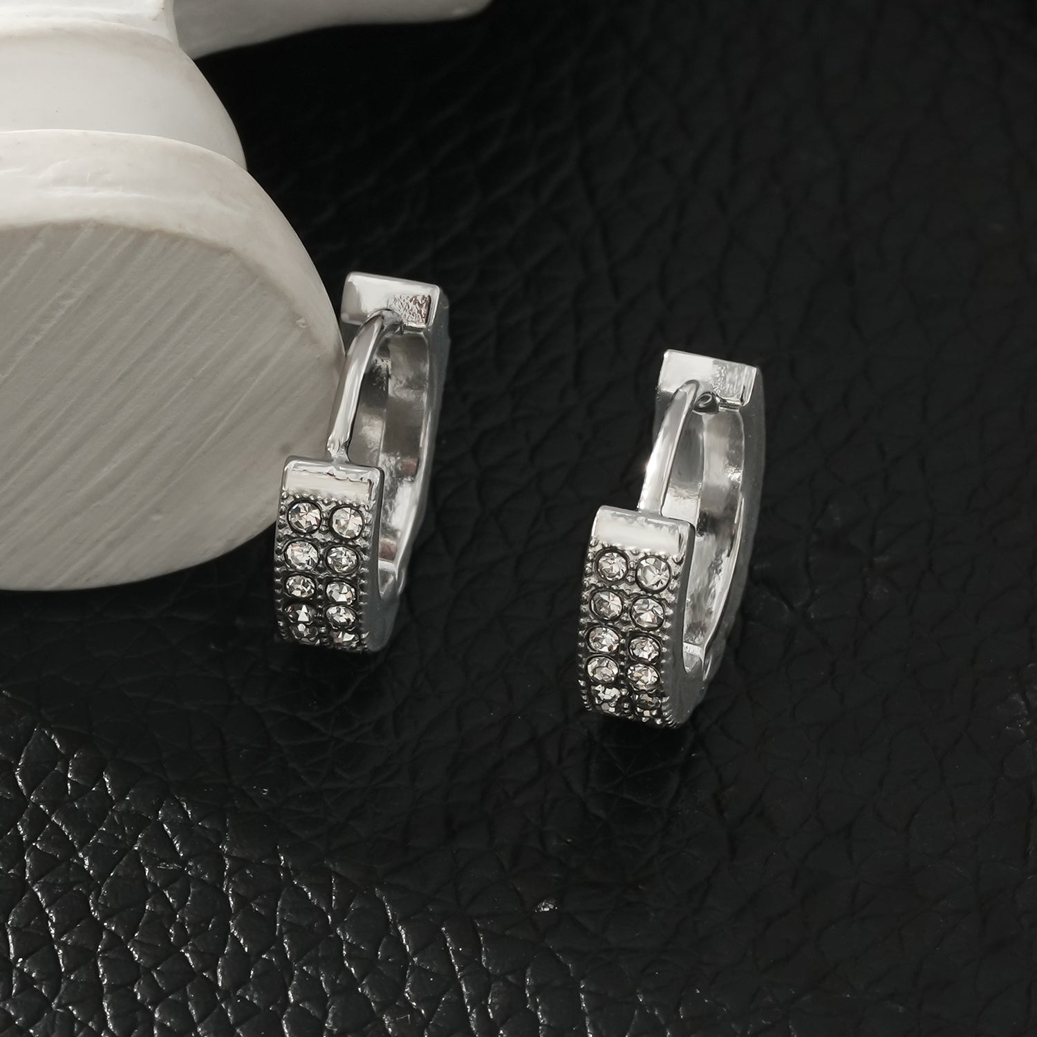 BLOUBERG White Gold (Silver Toned): Double Row Pavé Zirconia (CZ) Mini Hoop Earrings