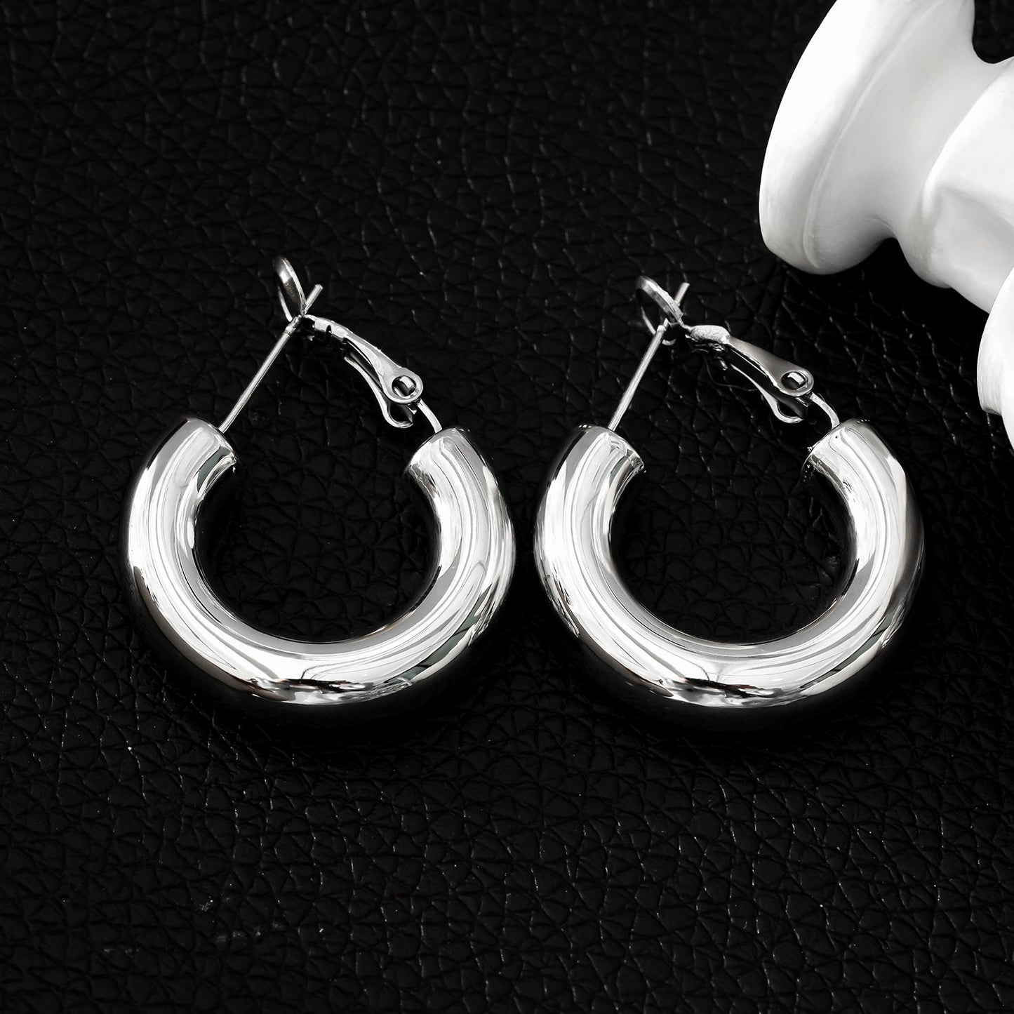 BLYDE: Semi-Wide Essential Hoop Earrings in Silver Toned White Gold