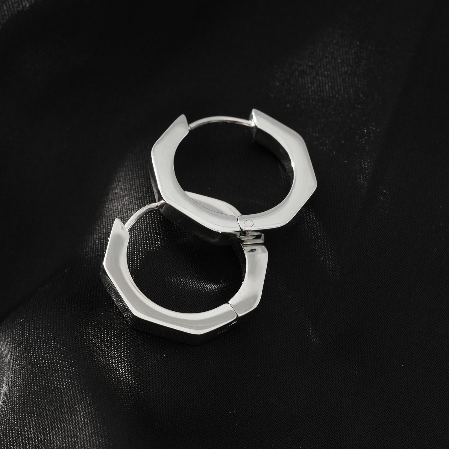 BOLZANO Silver Toned White Gold: Hexagon Shaped Contemporary Hoop Earrings