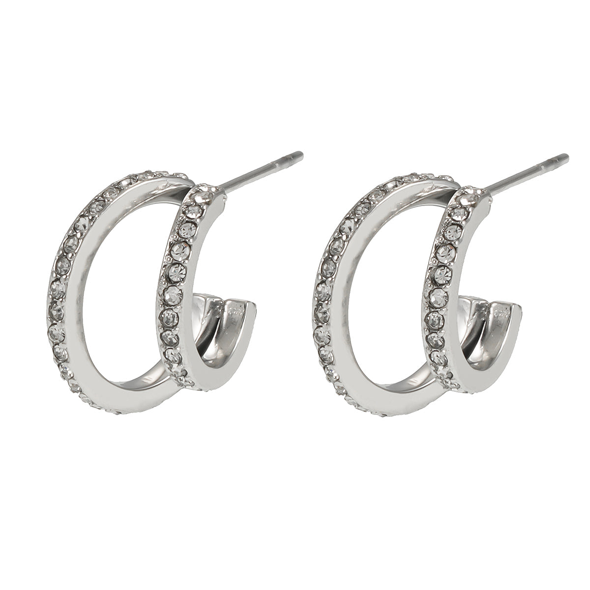 BOTTEGA: Double Banded Pavé Zirconia (CZ) Gemstones Embedded Hoop Earrings in Silver