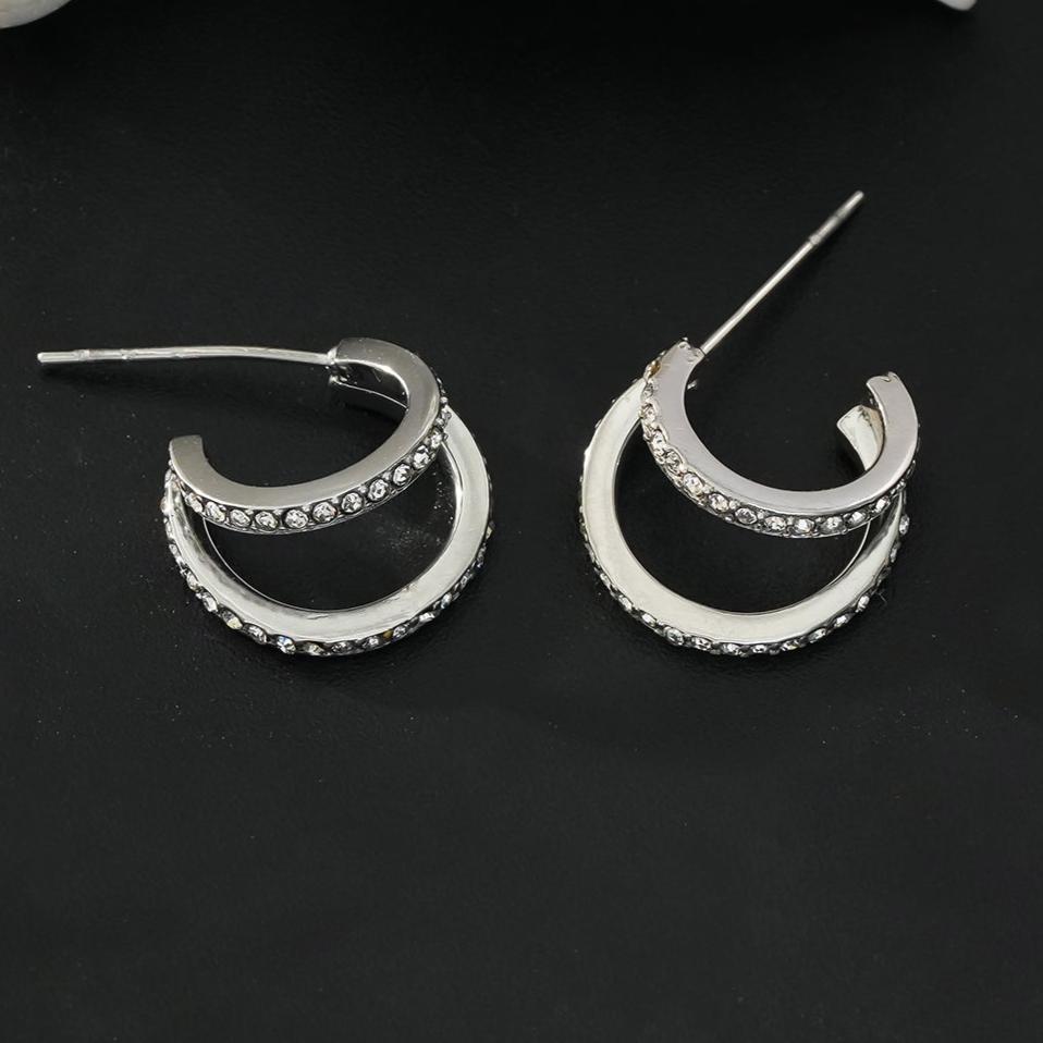 BOTTEGA: Double Banded Pavé Zirconia (CZ) Gemstones Embedded Hoop Earrings in Silver