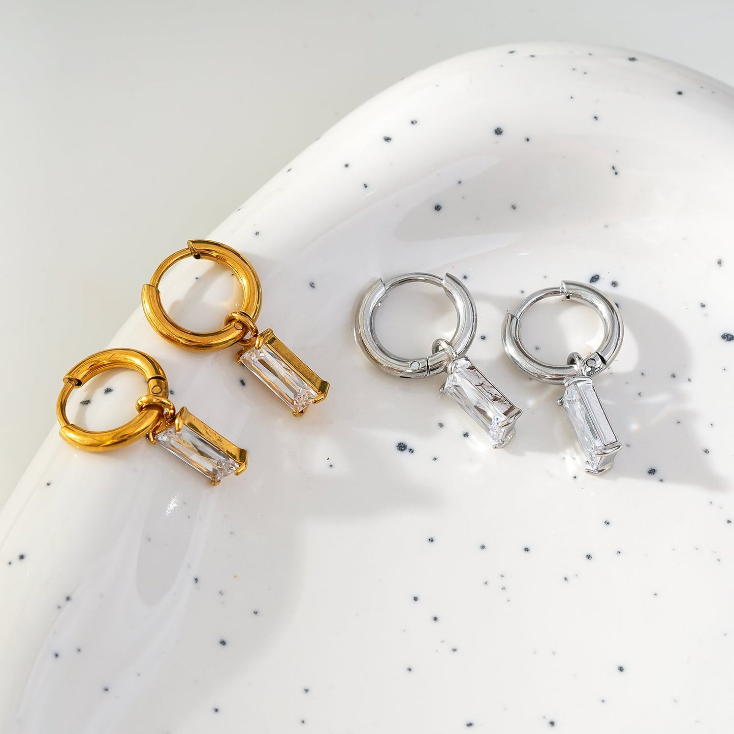 Style CACA Gold & White Gold (Silver Toned): Vintage Inspired Encased Clear Crystal Drop Hoop Earrings