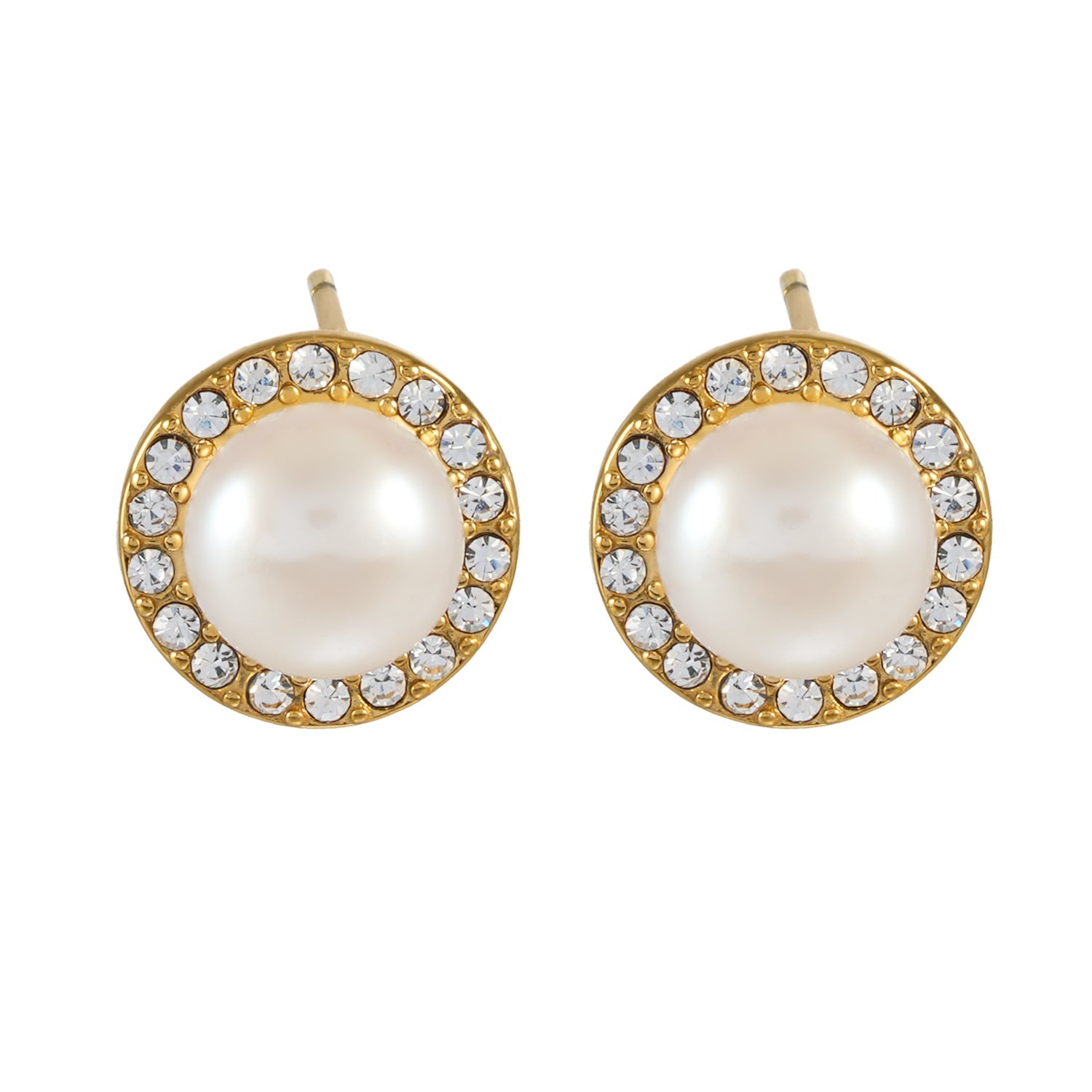 CACIA Gold: Mini Stud Earrings with Freshwater Pearl & Pavé Zirconia Border
