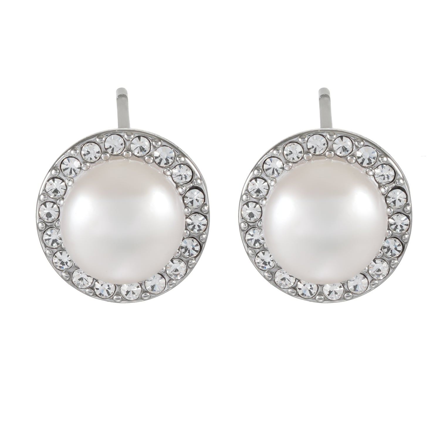 CADDA Silver (White Gold): Stud Earrings with Freshwater Pearl & Pavé Zirconia Border