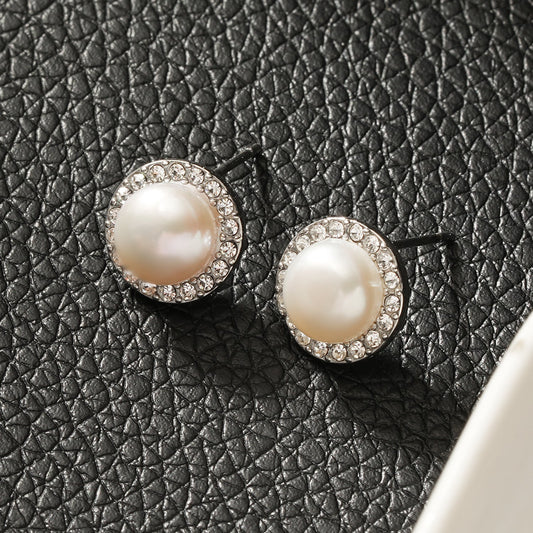 CADDA Silver (White Gold): Stud Earrings with Freshwater Pearl & Pavé Zirconia Border