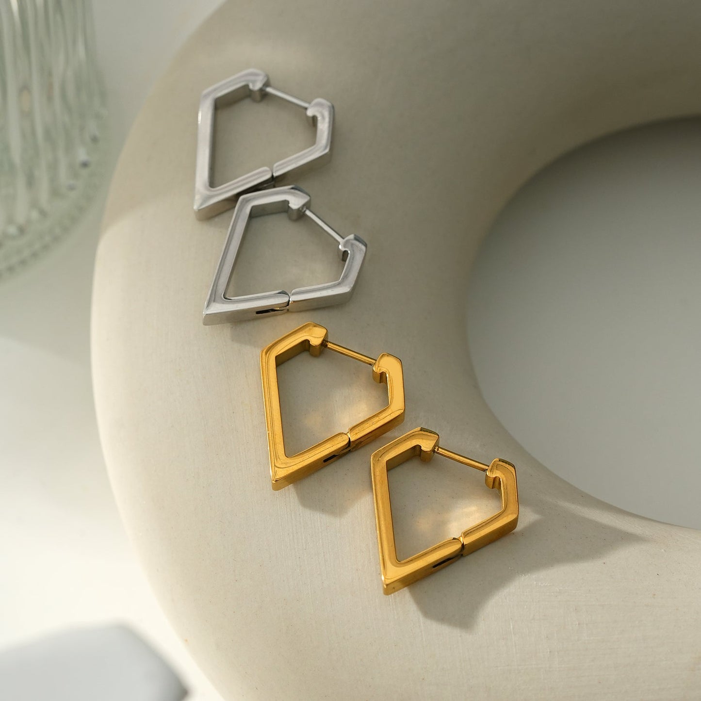 CAGLIARI: Triangle Shaped Contemporary Hoop Earrings in White Gold (Silver Toned)