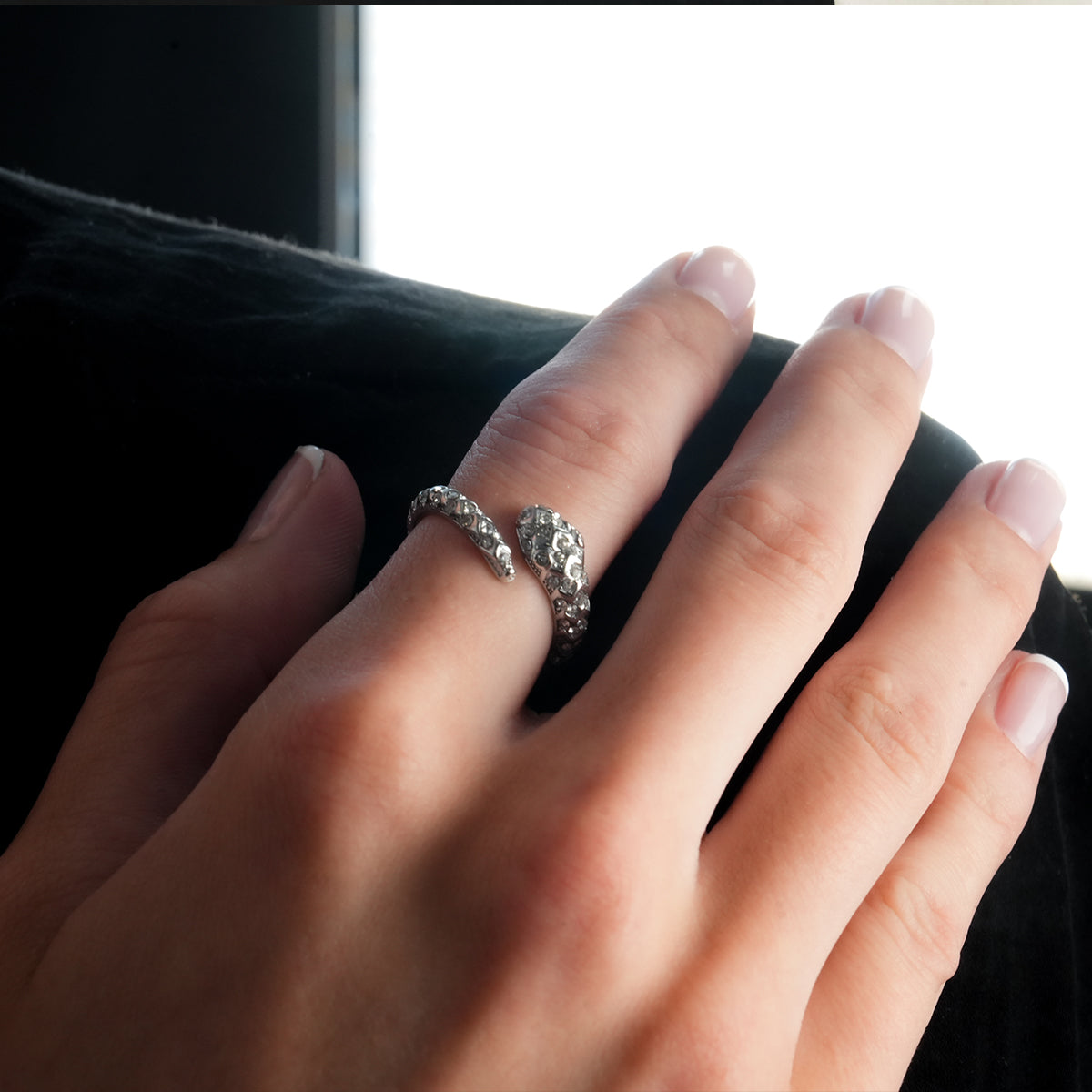 CARMEN White Gold (Silver Toned): Zirconia Embedded Ancient Serpent Design Ring