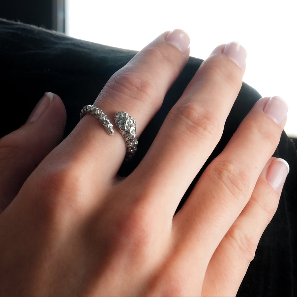 CARMEN White Gold (Silver Toned): Zirconia Embedded Ancient Serpent Design Ring