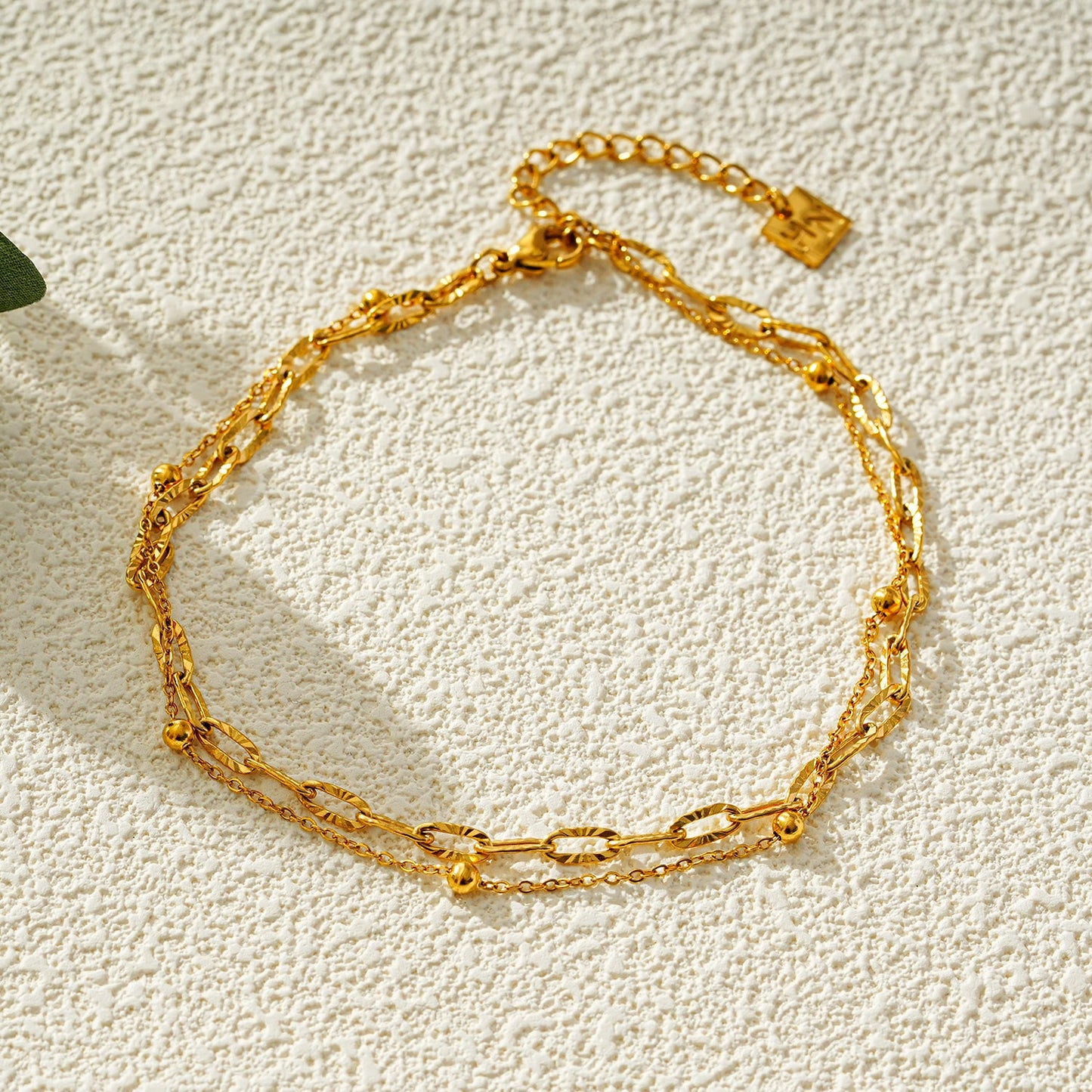 CASTILIA LG Gold Anklet:  Double Stacked Paper Clip Chain &  Beaded Chain - Dazzle in Duality