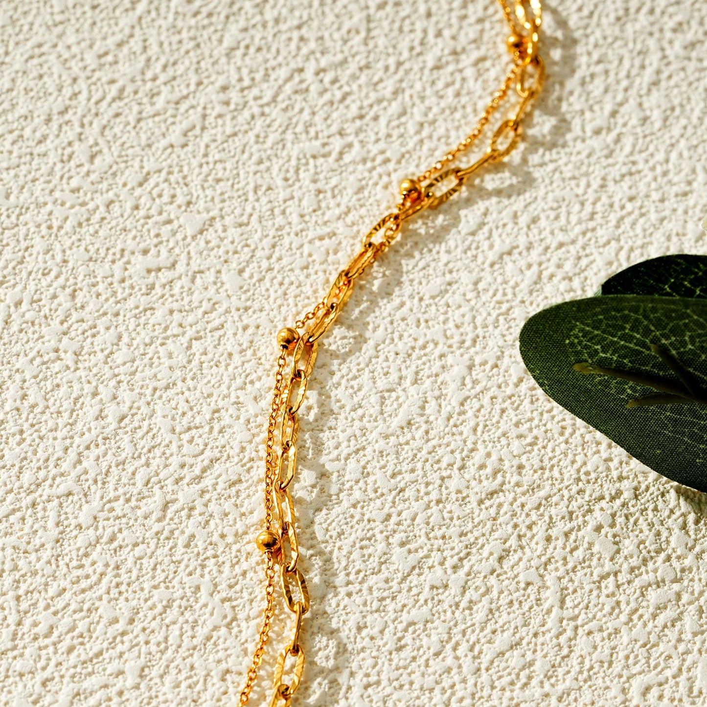 CASTILIA LG Gold Anklet:  Double Stacked Paper Clip Chain &  Beaded Chain - Dazzle in Duality