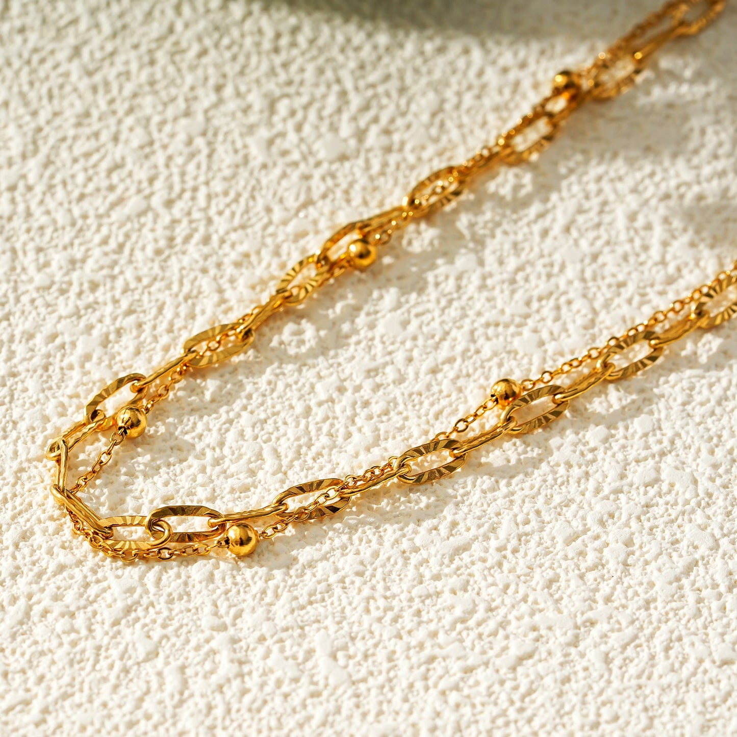 CASTILIA LG Gold Anklet:  Double Stacked Paper Clip Chain &  Beaded Chain - Dazzle in Duality