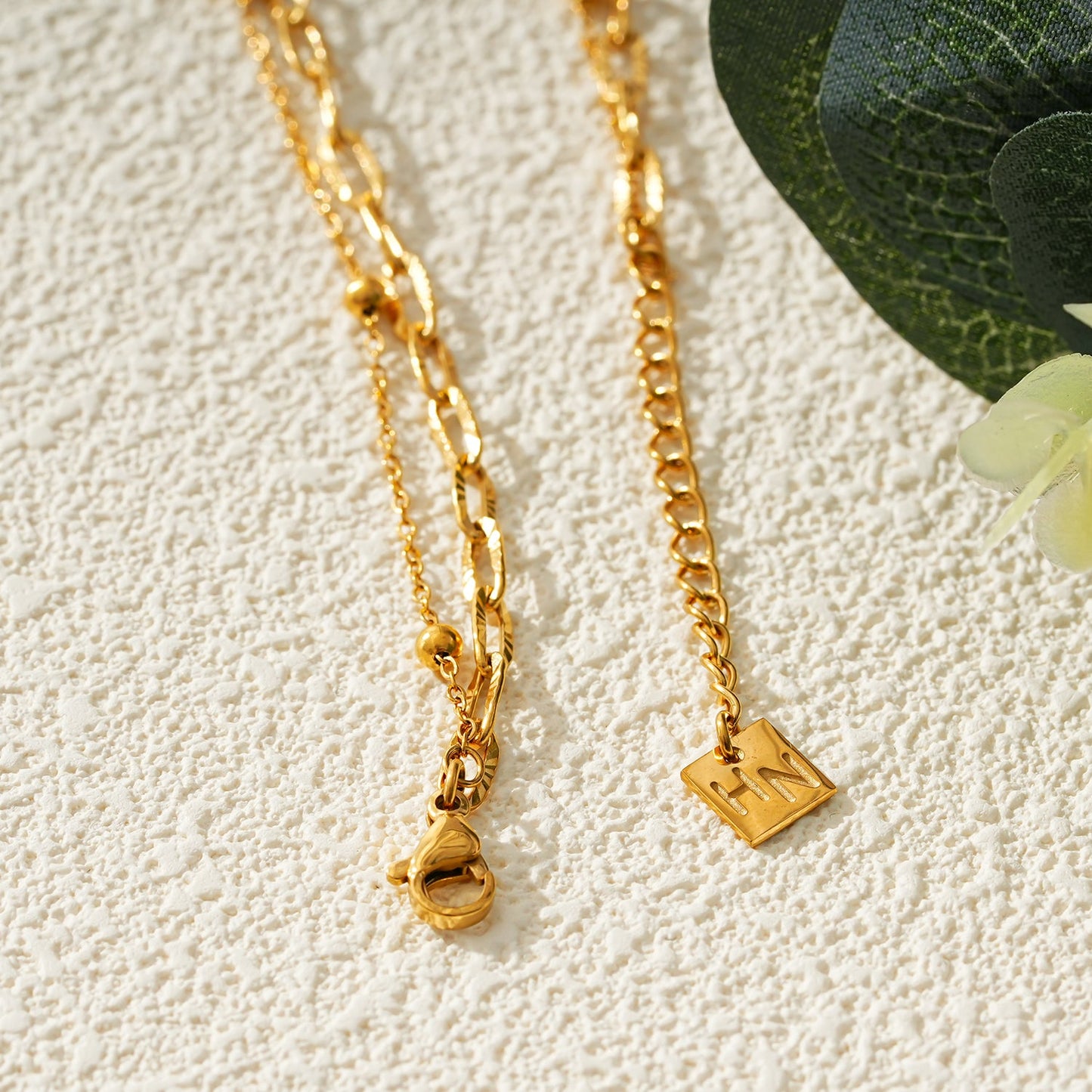 CASTILIA LG Gold Anklet:  Double Stacked Paper Clip Chain &  Beaded Chain - Dazzle in Duality