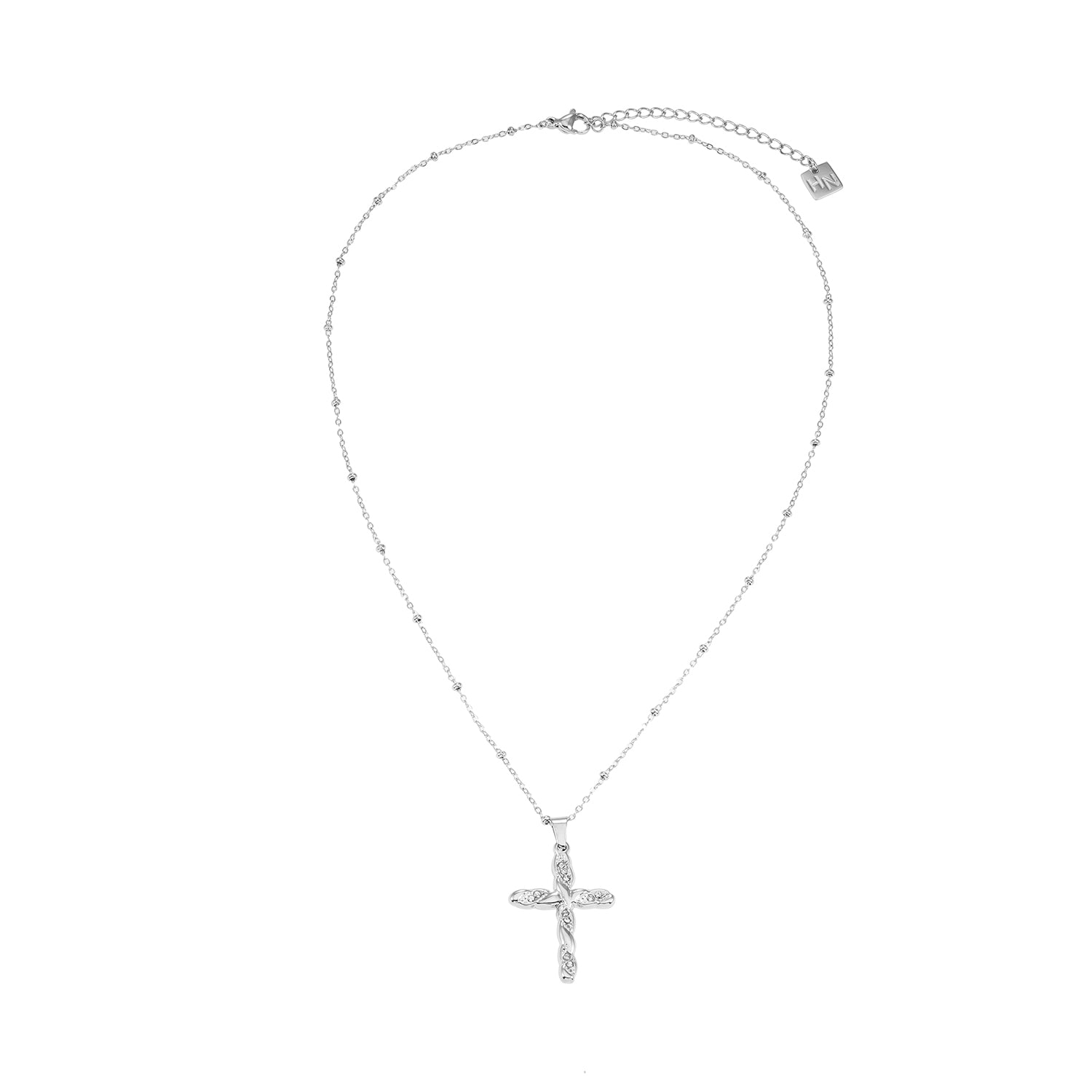 CHAMONIX Silver Toned White Gold: Dainty Beaded Chain Necklace with a Zirconia Embedded Textured Cross Pendent