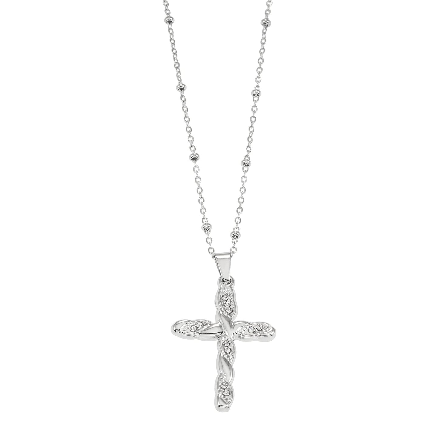 CHAMONIX Silver Toned White Gold: Dainty Beaded Chain Necklace with a Zirconia Embedded Textured Cross Pendent