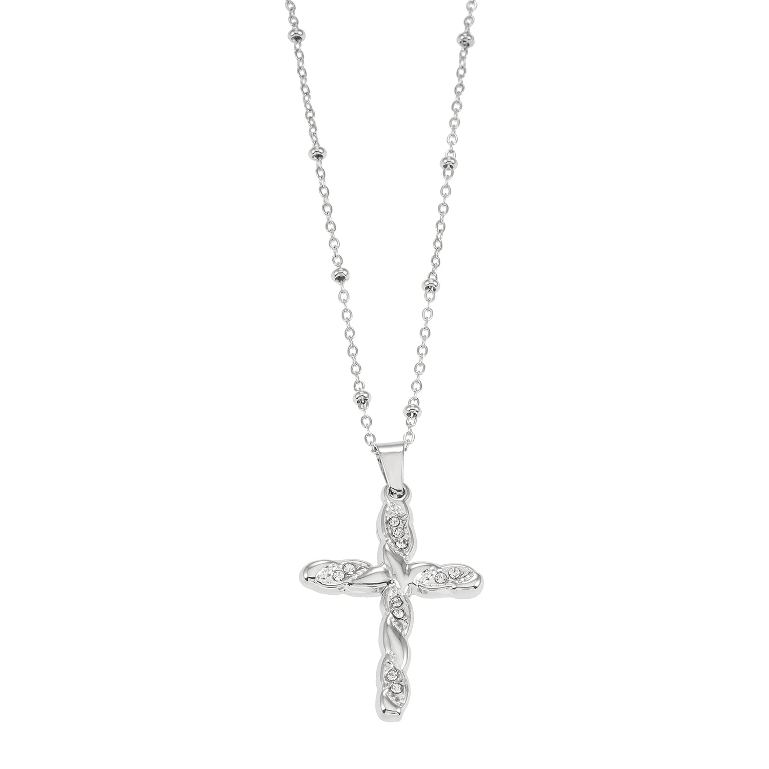 CHAMONIX Silver Toned White Gold: Dainty Beaded Chain Necklace with a Zirconia Embedded Textured Cross Pendent