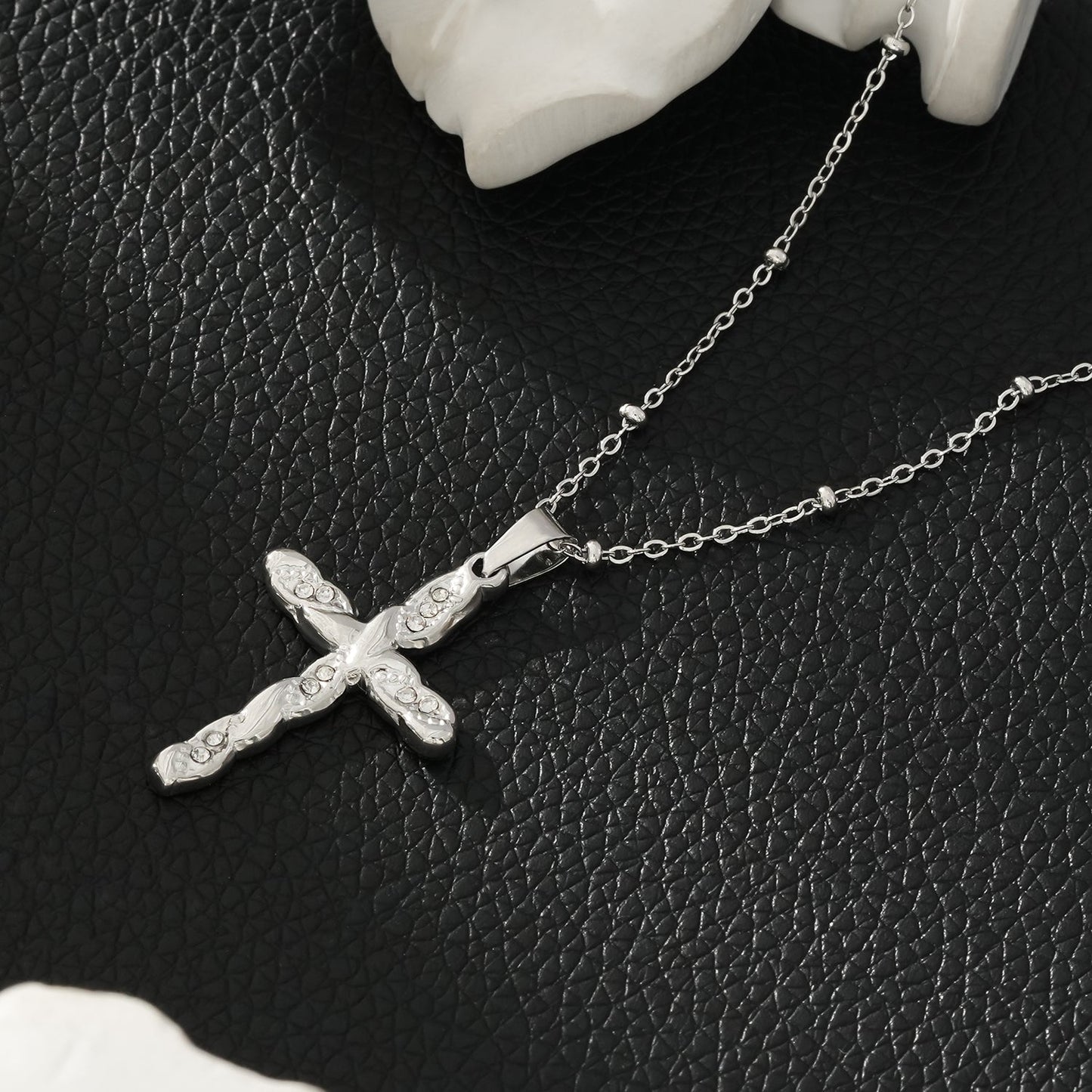 CHAMONIX Silver Toned White Gold: Dainty Beaded Chain Necklace with a Zirconia Embedded Textured Cross Pendent