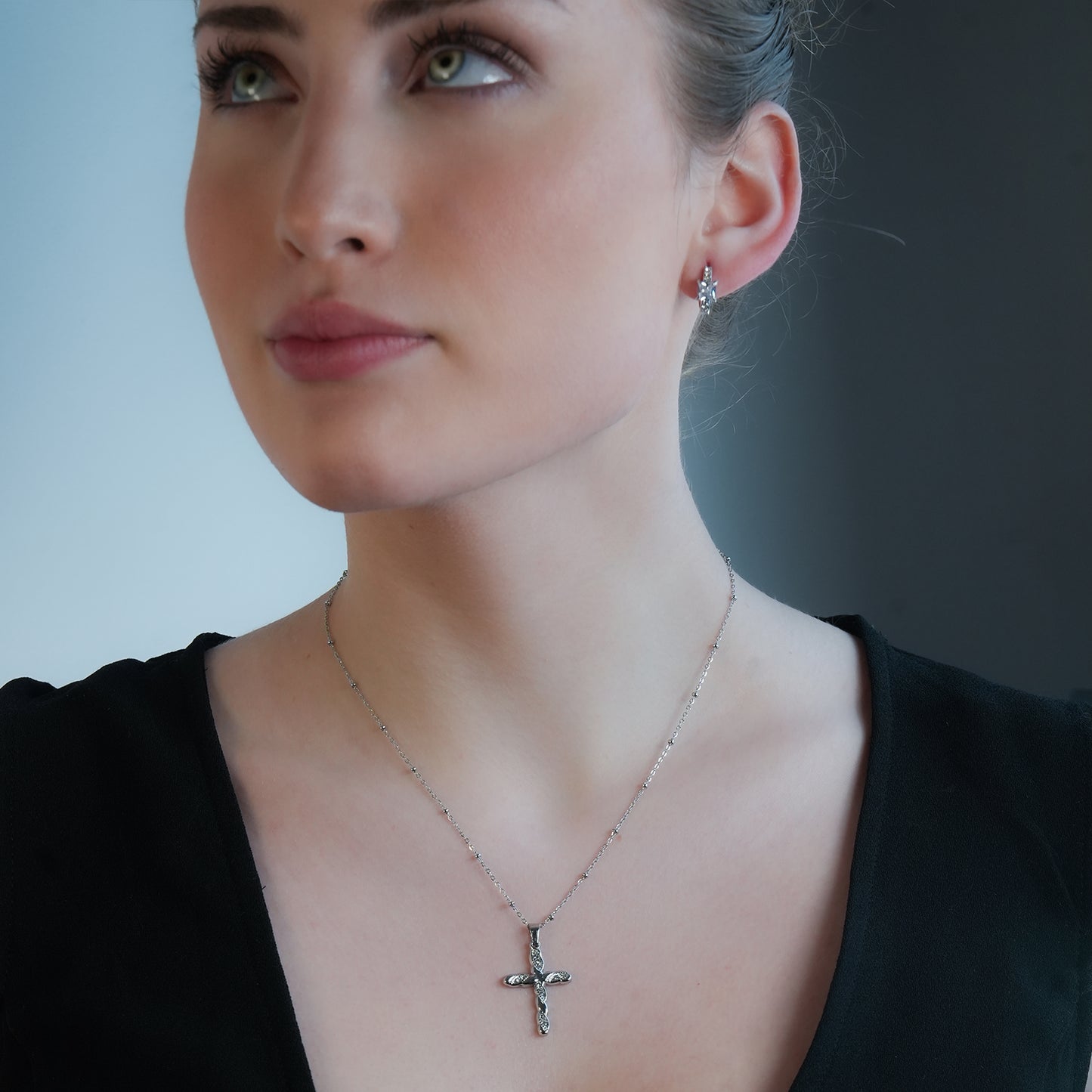 CHAMONIX Silver Toned White Gold: Dainty Beaded Chain Necklace with a Zirconia Embedded Textured Cross Pendent