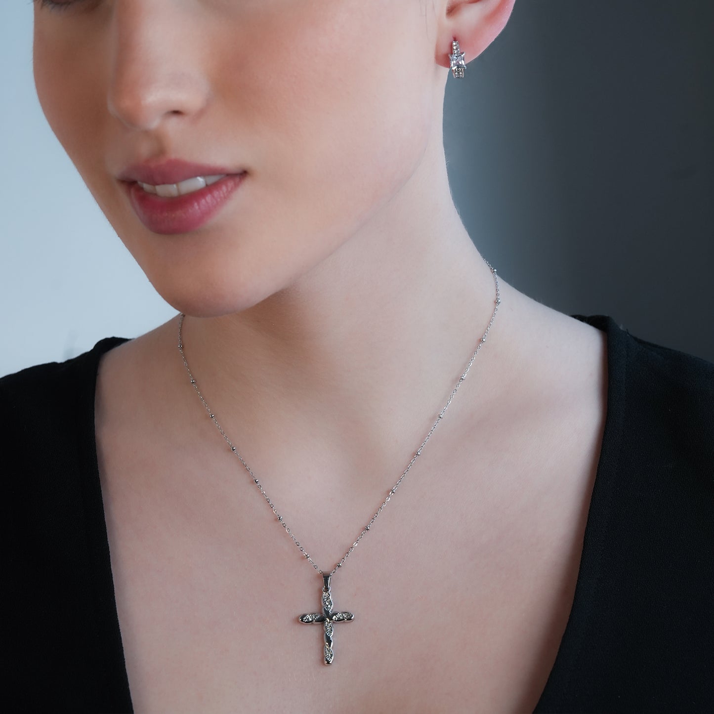 CHAMONIX Silver Toned White Gold: Dainty Beaded Chain Necklace with a Zirconia Embedded Textured Cross Pendent