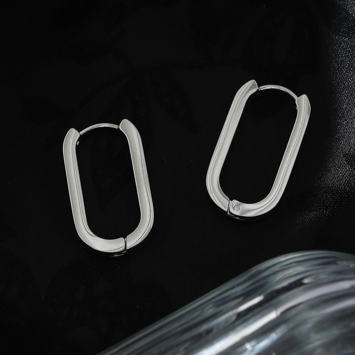 CHANDA White Gold (Silver Tone): Rounded Corners Rectangular Hoop Earrings